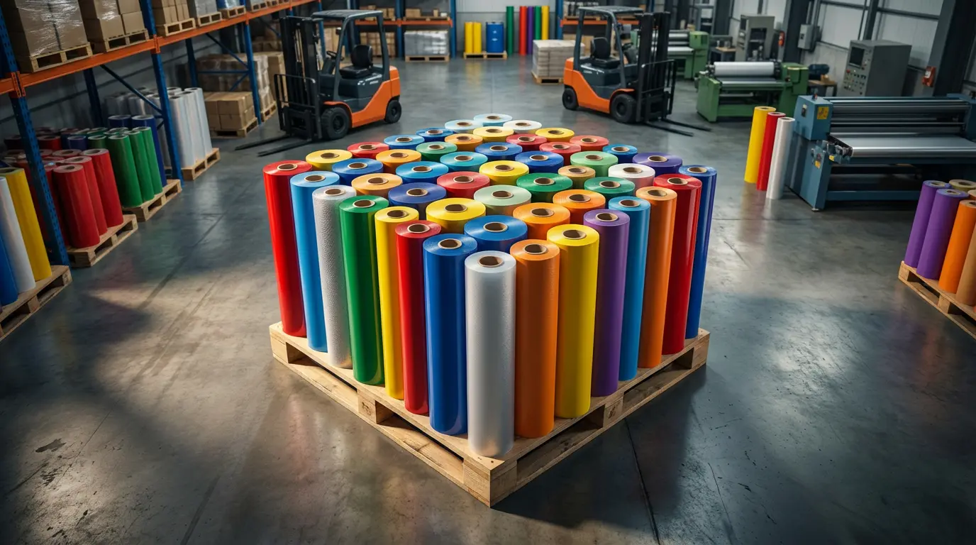 Assorted rolls of industrial PVC film in warehouse