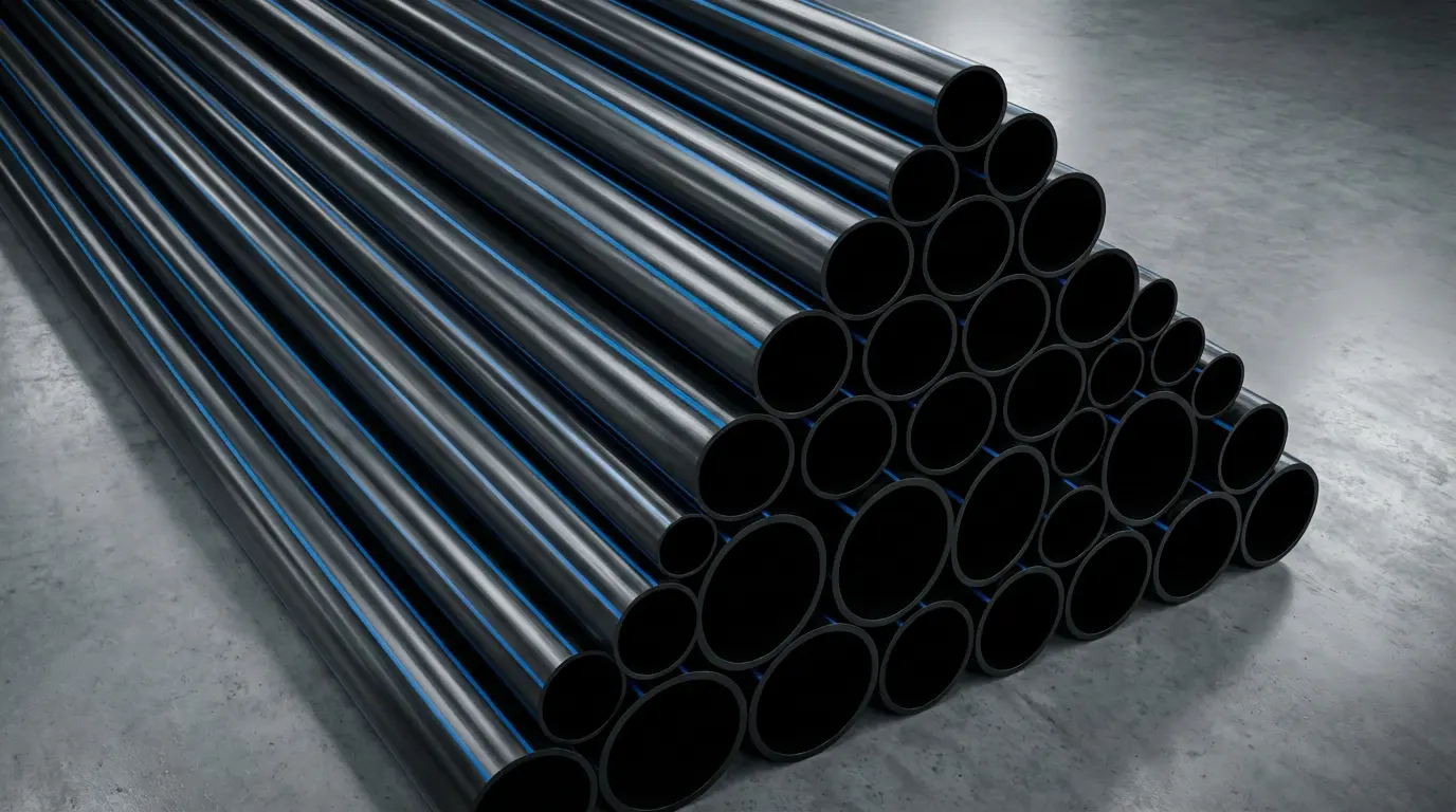 HDPE water pipe assortment with blue stripes for potable water