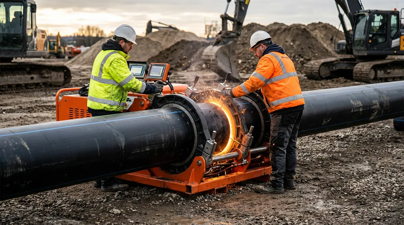 Butt fusion process of HDPE water pipes on construction site