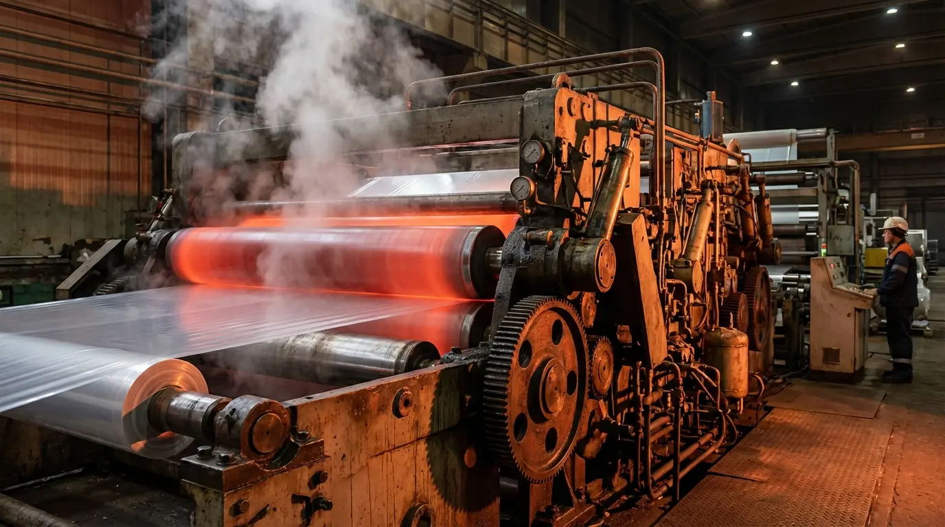 PVC film calendering rollers in operation