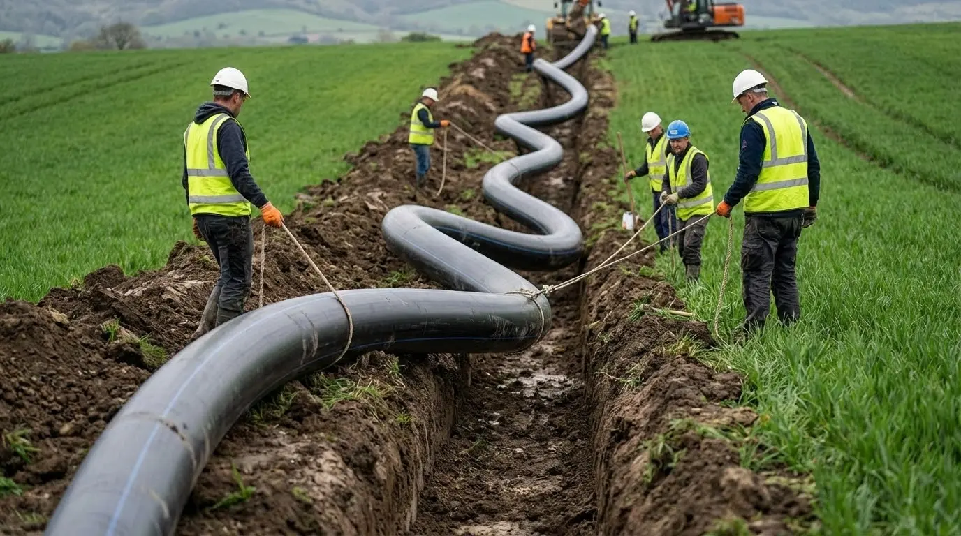 Flexible HDPE pipe installation in trench